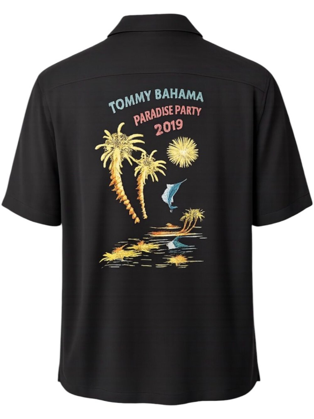 Tommy Bahama Paradise Party 2019 Silk Camp Shirt Black XL Tropical Embroidered